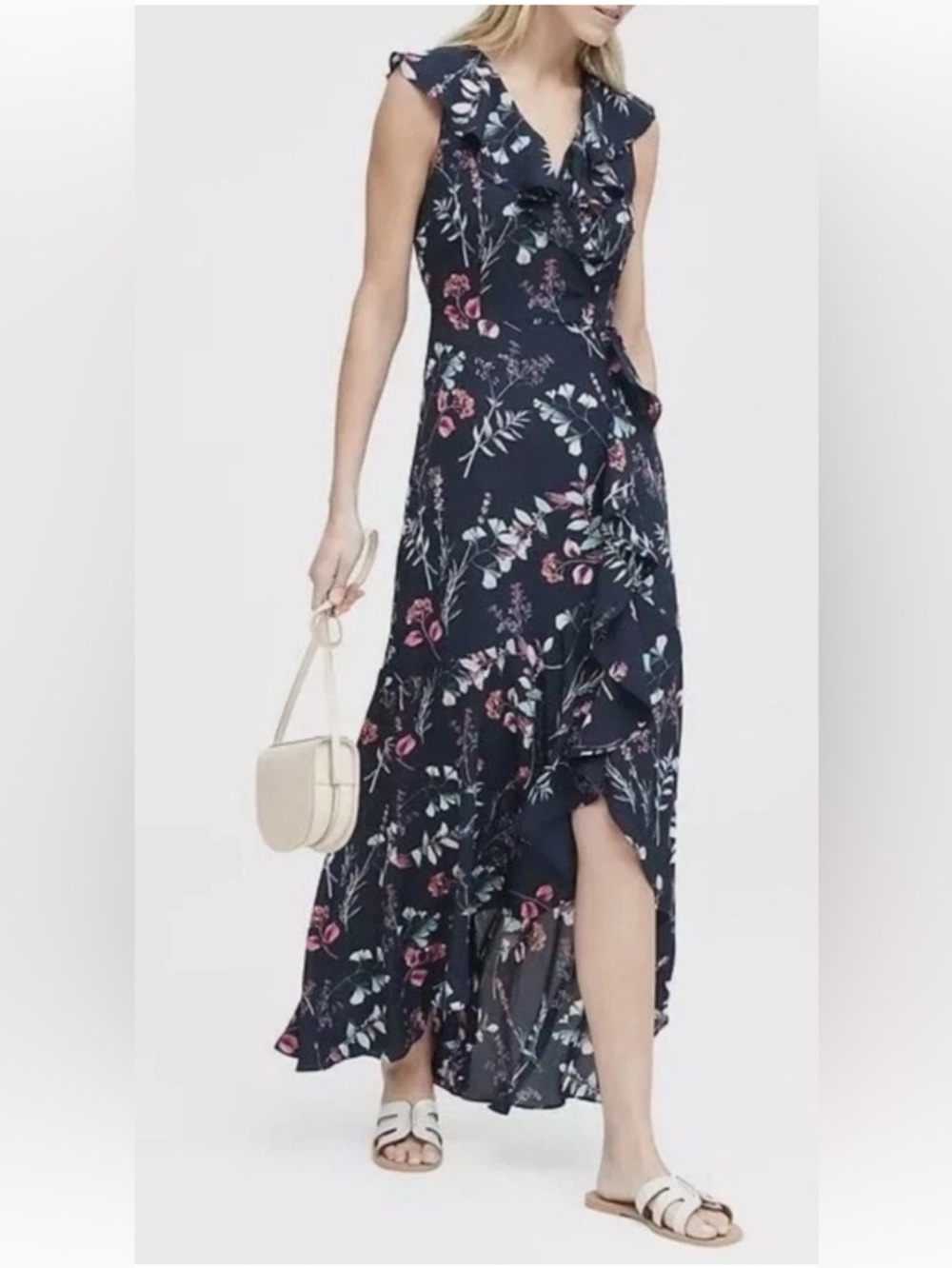 Banana Republic Faux Wrap Maxi Dress Floral Ruffle Preppy Navy Sz 2